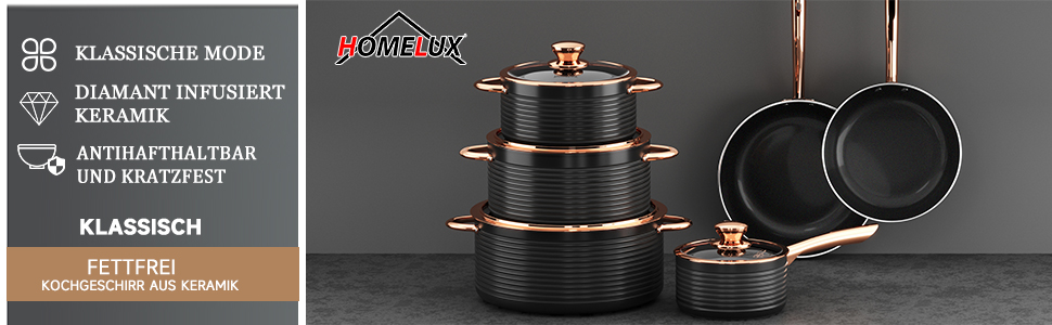 Набір каструль та сковорідок HOMELUX Induktion, 12 шт., алюміній, антипригарне покриття, з кришкою, для індукційних плит, PFOA & PFOS-free
