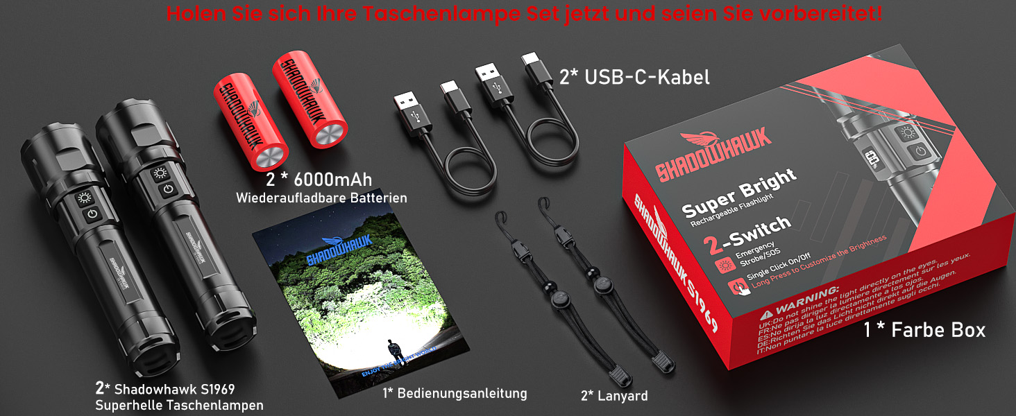 Ліхтарик Shadowhawk LED перезарядна 2 шт. | Тактичний ліхтарик (2 вимикачі) 500000 люмен, дальність до 1000м, час роботи 12 год для кемпінгу/відпочинку на природі/походів, регульована яскравість, чорний