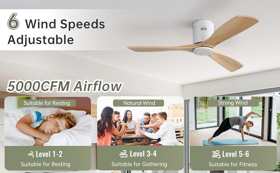 Стеляний вентилятор Sofucor з дистанційним керуванням, дерев'яний, 132 см, 6 швидкостей, DC мотор, тихий, з таймером, для спальні (без світла, монтаж врізний, натуральне дерево)