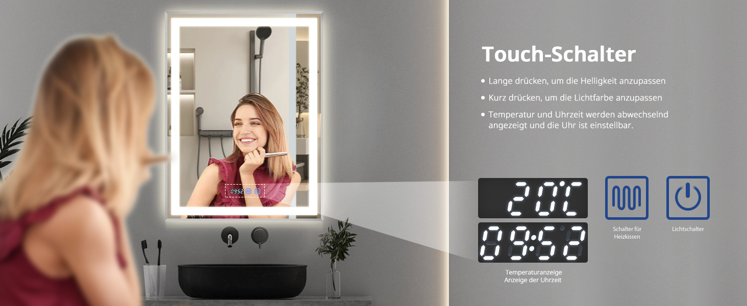 Дзеркало YOURLITE з підсвічуванням, 70x50 см, LED дзеркало для ванної кімнати з сенсорним вимикачем, годинником, 3 кольори світла, регулювання яскравості, запобігання запотіванню, пам'ять налаштувань, срібло