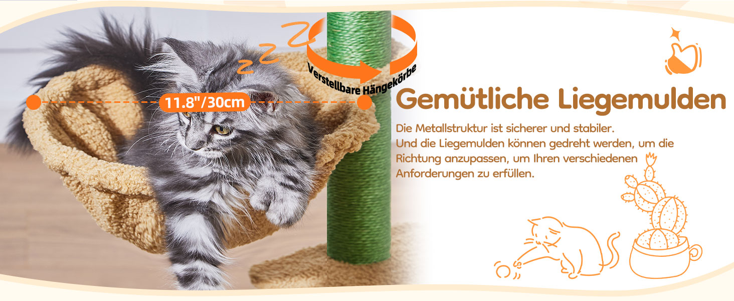 Кігтеточка Taoqimiao Klein, 98 см: котячий будиночок, корзина, 4 стовпчики, м'ячі, зелений (MS029SW)