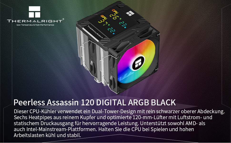 Кулер для процесора Thermalright Peerless Assassin 120 Digital ARGB White — двовежевий повітряний охолоджувач з цифровим дисплеєм для AM4/AM5, Intel LGA1851/1700/1200