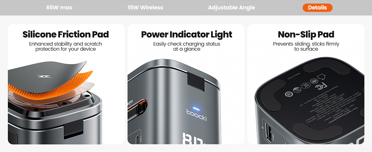Зарядний пристрій Toocki 80W GaN з USB-C та USB-A, 6 портів, з вбудованим кабелем та MagSafe для MacBook, iPhone 17 Pro Max, Galaxy S24 та інших пристроїв