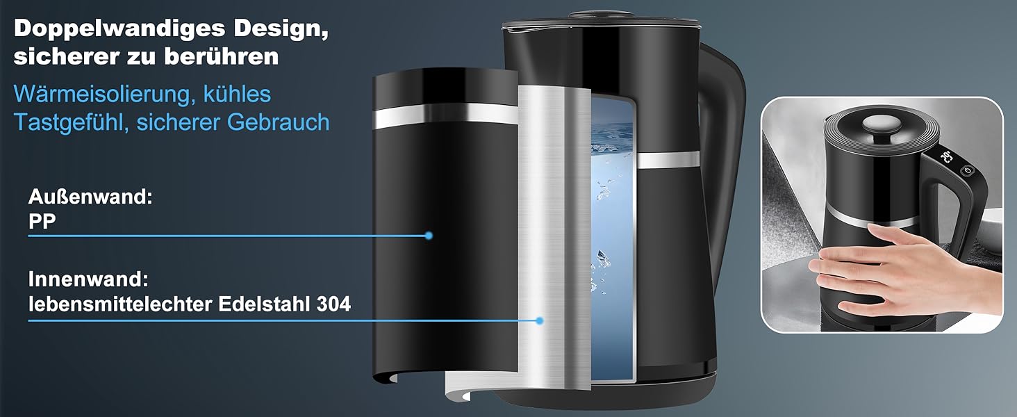 Електричний чайник WANNYTON з регулюванням температури 40-100°C, 1.7 л, 2200 Вт, чорний