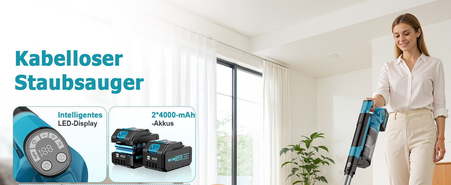 Бездротовий акумуляторний пилосос 700W з 2 акумуляторами 4.0 Ah, LED-дисплеєм, щіткою проти ковтунів, об'ємом 2L, синього кольору. Підходить для килимів, шерсті тварин та твердих підлог.