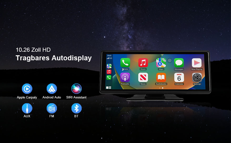 Автомобільний дисплей 10.26'' IPS, бездротовий CarPlay та Android Auto, сенсорний екран 1080P, портативний, підтримка Google і Siri Assistant, модель S5