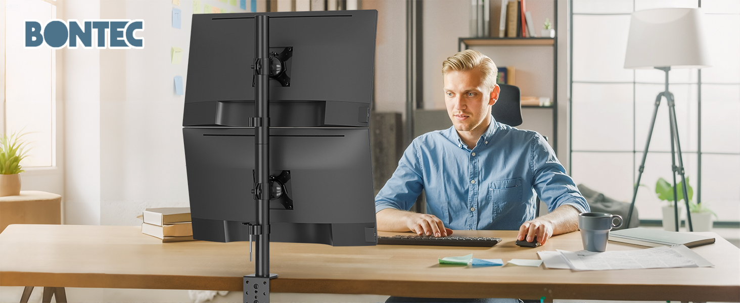 Кріплення для двох моніторів BONTEC, 13-34 дюйми, регулювання висоти, поворот, до 10 кг на монітор, VESA, кабель-менеджмент, кріплення на стіл, ергономічне для офісу та геймінгу