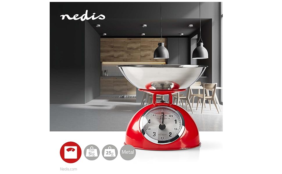 Кухонні ваги Nedis KASC110RD - аналогові, 5 кг, нержавіюча сталь, червоний колір