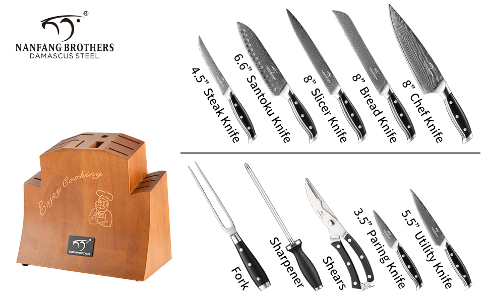 Nanfang Brothers 18-Piece Damascus Kitchen Knife Set with Hammered Handles & Wood Block - Premium Quality Steel Blades