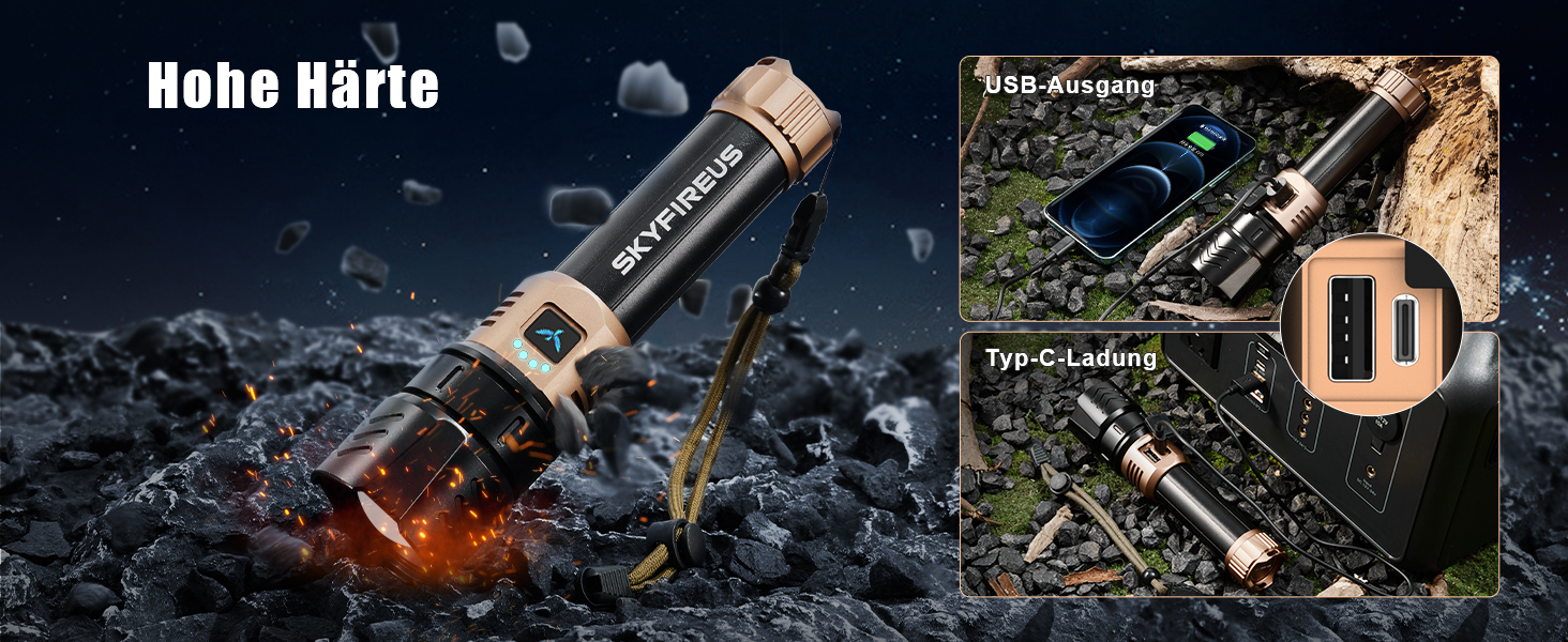 Ліхтар налобний LED Skyfire 900000 Люмен з лінзою для розпалювання вогню, USB-зарядка, 4 режими яскравості, Zoom, для кемпінгу, надзвичайних ситуацій та походів (чорне золото)