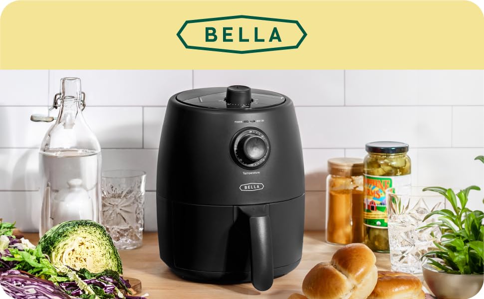Фритюрниця BELLA з гарячим повітрям 1.9L, 5-в-1, антипригарне покриття, кошик, що миється, чорний матовий, ручне керування, подвійне регулювання