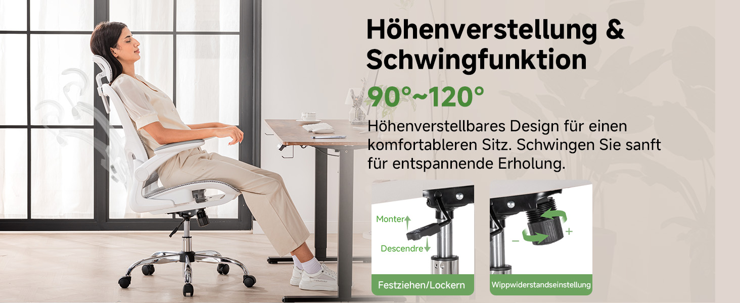 Офісне крісло GTPLAYER Ergonomisch - регульована спинка, підлокітники, поперекова підтримка, функція гойдання, дихаюча сітка, 150 кг (Білий)