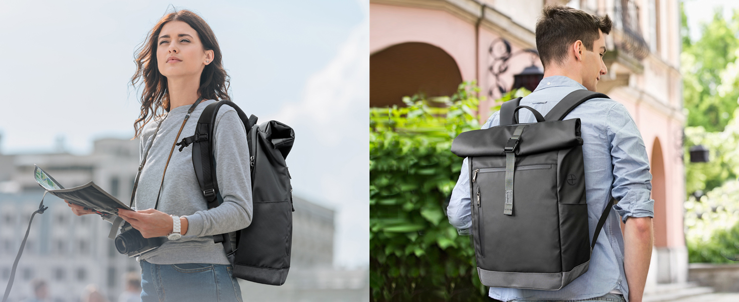Рюкзак Inateck RollTop 25-30 л чорний, для чоловіків і жінок, міський, велосипедний, шкільний, для університету, роботи, спорту та подорожей, з відділенням для ноутбука 17