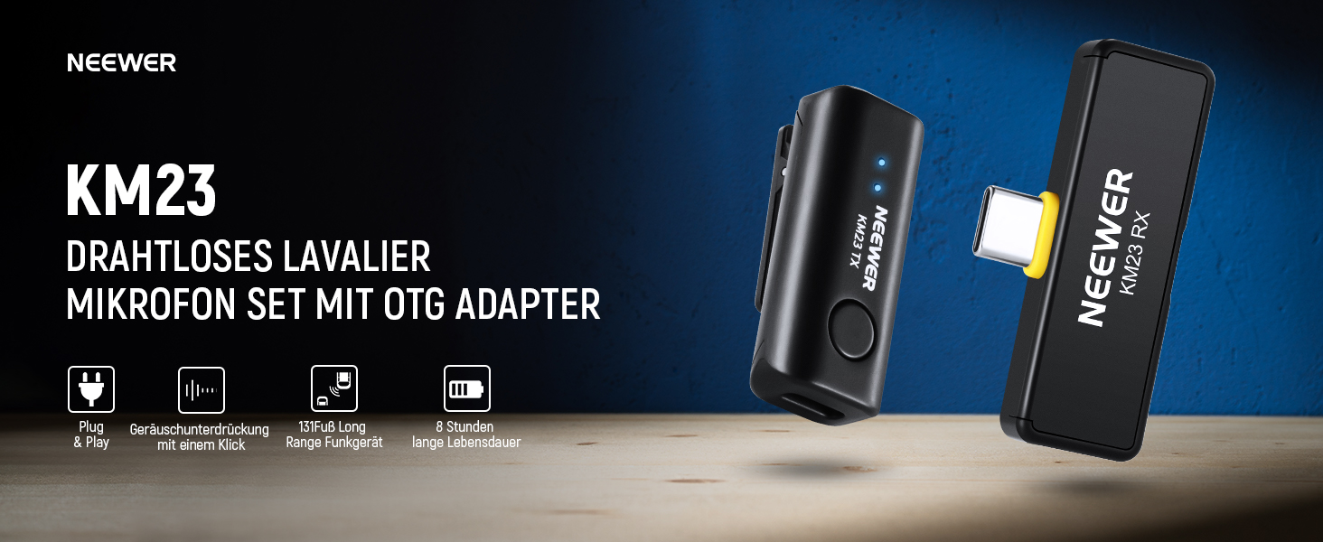 NEEWER Бездротовий петличний мікрофон KM23: 48kHz/24Bit, 8 годин роботи, шумозаглушення, USB-C, сумісний з DJI, Insta360, iPhone, Android, PC