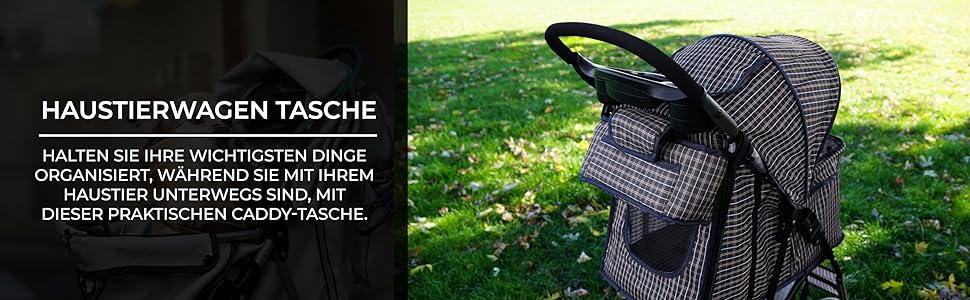 Візок для тварин Monster Shop з сумкою, знімний, складний, вантажопідйомність 15 кг, колеса, гальма, сітчасте вікно, кошик, тримач для напоїв, кишені та водовідштовхуючий дощовик (синій візерунок в клітинку, передня кишеня для тварин)