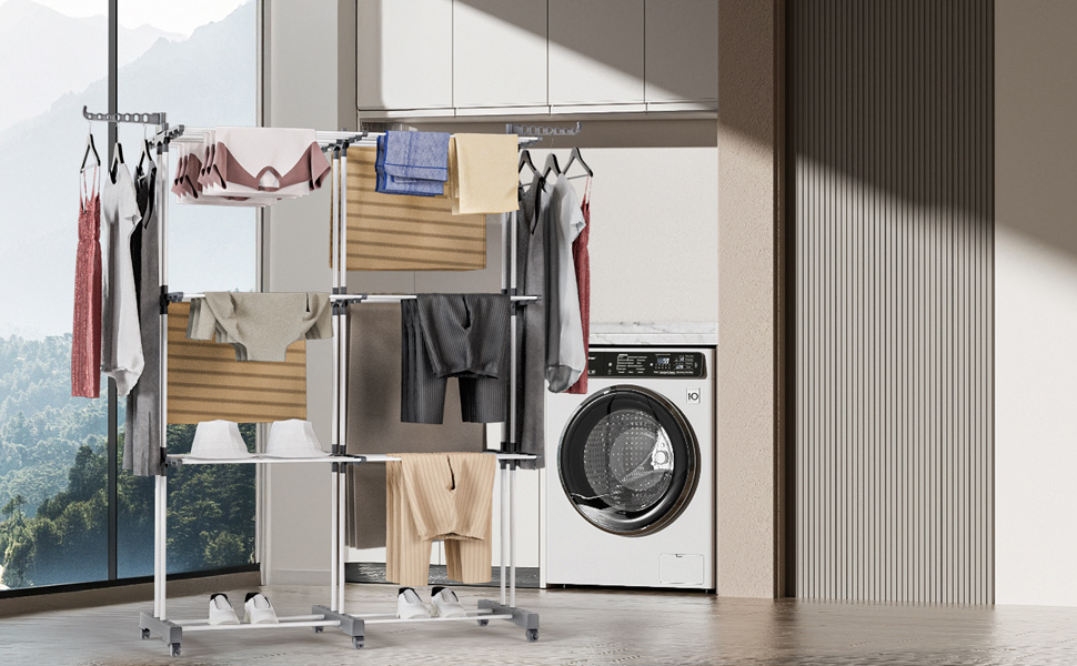 VOUNOT® Сушарка для білизни Турбо, висувна, компактна, для дому та вулиці, з розкладними крилами, телескопічною штангою та 6 роликами, 40м довжини сушіння, 3 яруси, біла