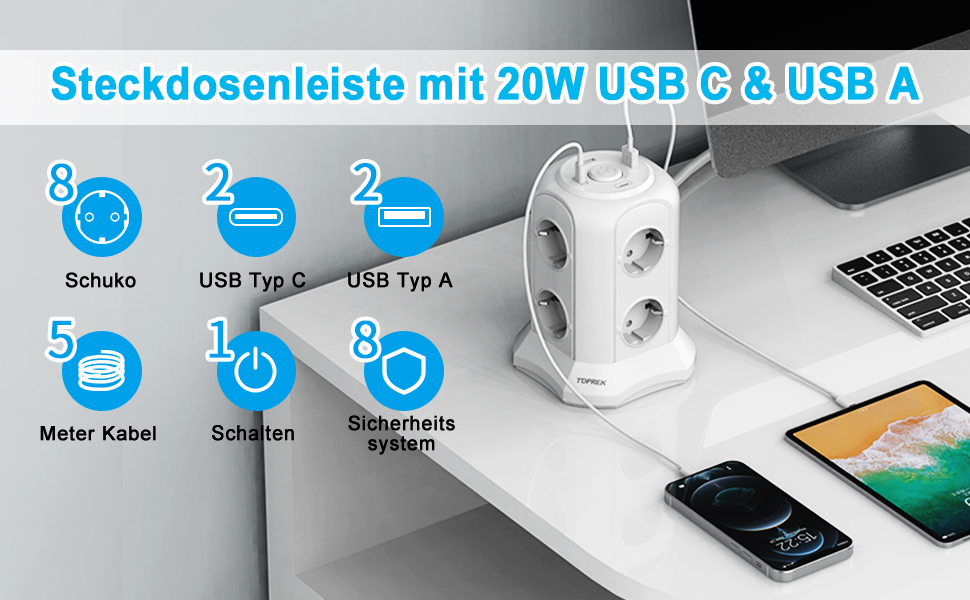 Многорозеткова панель з USB, 8 розеток, з вимикачем, 4000W/16A, захист від перенапруги, 5м кабель, білий