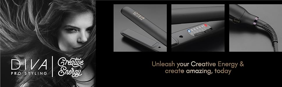 Diva Pro Styling Digital Flat Iron - Ceramic Plates - Auto Shutoff - 3m Cord - Black