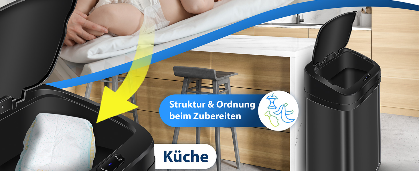 Відро для сміття KESSER® Sensor 40 л з автоматичним відкриванням, сенсором руху, м'яким закриванням кришки та LCD-дисплеєм. Нержавіюча сталь, з тримачем для мішка.