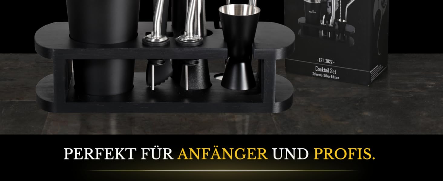 BARMINGO Stainless Steel Cocktail Set - 11 Piece Cocktail Shaker Set with Stand & Bar Accessories | Bartender Set | Cocktail Mixing Set | Bar Set | Gift Set | Black & Silver