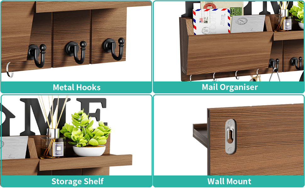 Держатель для ключів HapiRm з декором HOME, дерев'яне ключниця з 7 гачками, з полицею. Підходить для входу, передпокою, спальні, офісу, коричневий
