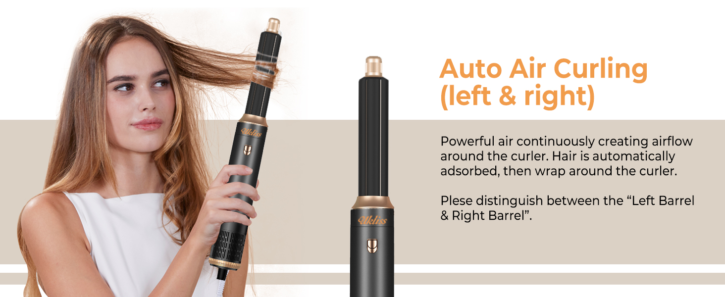 UKLISS Фен-щітка 6 в 1: Локони, об'єм, випрямлення та сушка - 1000W. Набір для створення зачісок з автоматичним завиванням, щітка-фен, круглі щітки, випрямна щітка (Чорний)