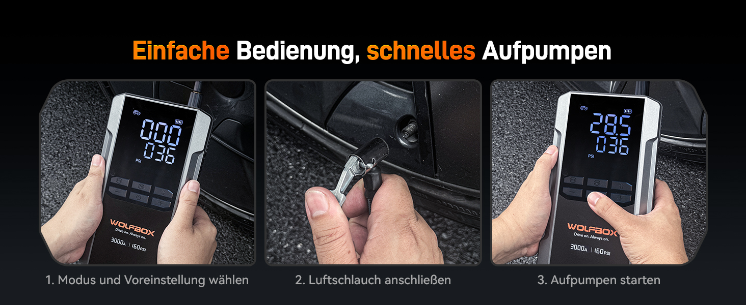 WOLFBOX 4000A Пускозарядний пристрій з компресором 160PSI, 12V, 65W, 88.8Wh, для бензинових/дизельних двигунів 10L, LED-ліхтар, кабелі, 4000A