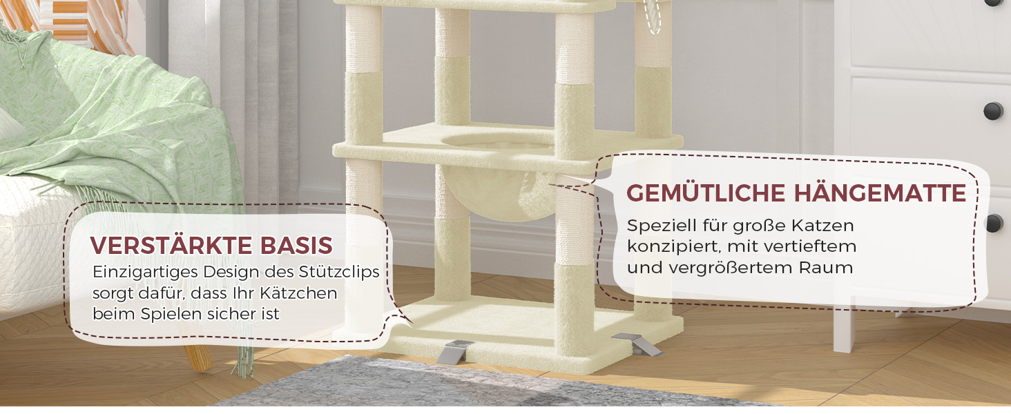 Великий котячий будиночок Kratzbaum 208 см з 3 анти-перекидною системою. Стабільний котячий будиночок XXL з 15 стовпчиками для дряпання, 2 платформами, 2 печерами, 1 рампою для дряпання та гамаком. Для великих котів (Бежевий)