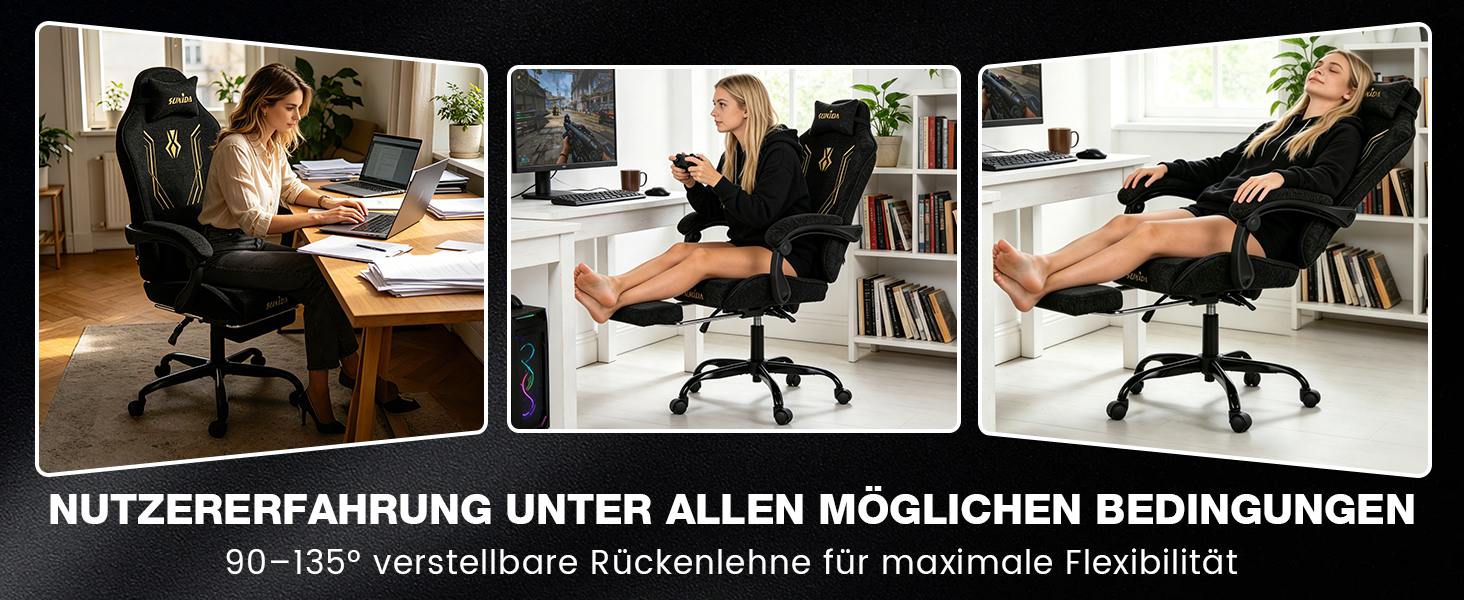 Ігрове крісло SUKIDA Ergonomic з тканини шеніль, з підставкою для ніг, підголівником та поперековою підтримкою, дихаючий матеріал, навантаження до 150 кг, чорне
