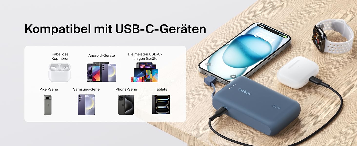Повербанк Belkin BoostCharge 10000mAh з вбудованим кабелем USB-C, 20W, LED-індикатором, синій