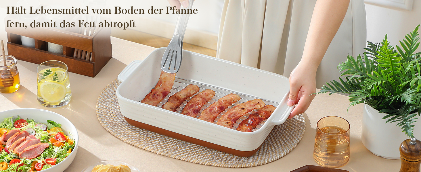 Форма для запікання MALACASA Serie TARA, 4.5л, кераміка, прямокутна, стійка до подряпин | Для лазаньї, тірамісу, запіканок 35*23.8 см (з решіткою)