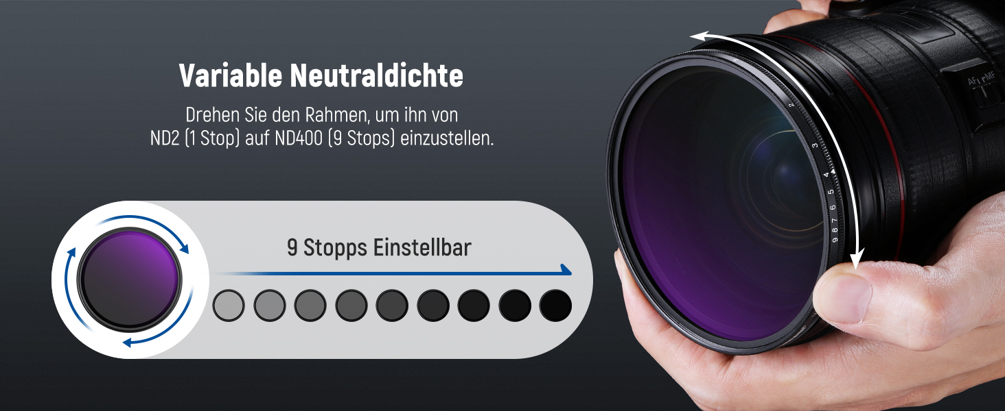 NEEWER Змінний ND-фільтр ND2-400 (1-9 Stop) для об'єктивів 62mm з кришкою, стрічкою та серветкою