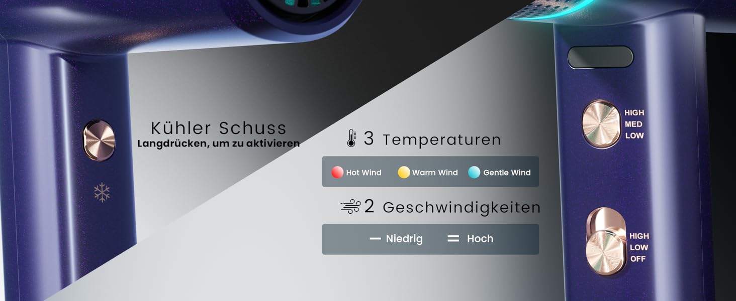 Іонізатор для волосся Föhn: Швидкий фен з дифузором для жінок та чоловіків, 3 режими, 2 швидкості, чорний (блакитний)