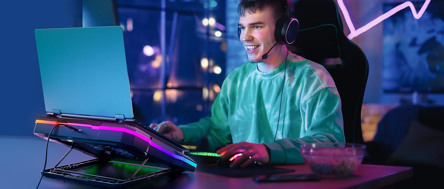 Охолоджувач для ноутбука MOOJAY RGB Gaming: потужний турбовентилятор, підставка з 8 рівнями регулювання висоти та тримачем для телефону, для ноутбуків 14-19 дюймів, підсвітка Ice Blue LED