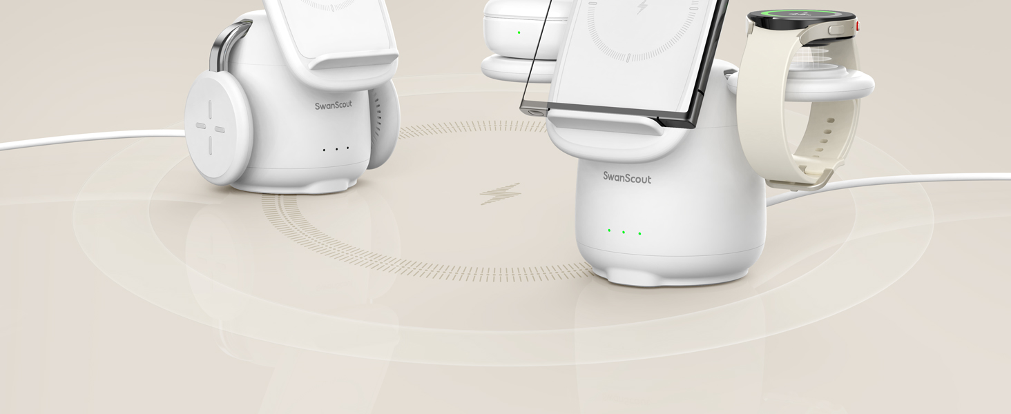 Бездротова зарядка SwanScout 3-в-1 для Samsung Galaxy S25 Ultra, S24, S23, Z Flip 7, Z Fold 7, Galaxy Watch 8/Ultra/7/6/5, Buds (без адаптера) біла
