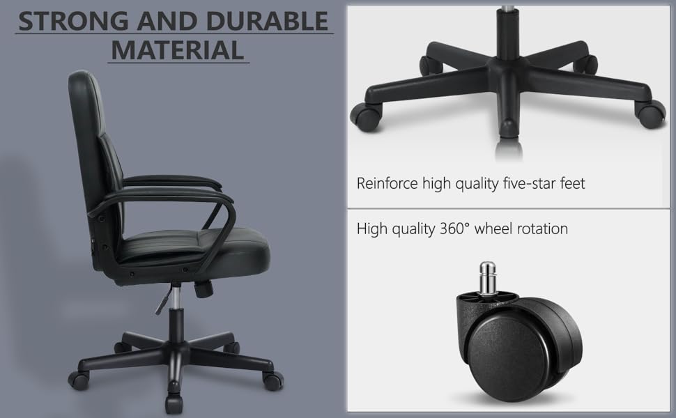 Офісне крісло MIXASTEP з PU-шкіри, поворотне, регульована висота, міцні підлокітники, 360° колеса, для роботи, навчання, ігор (Чорний)