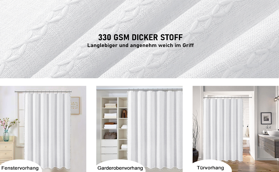 Тканинний душовий завіс BTTN 182 x 200 см, Бохо-фермерський стиль, з кистями, водовідштовхувальний, з вагою, 12 гачків, (Білий, смугастий)