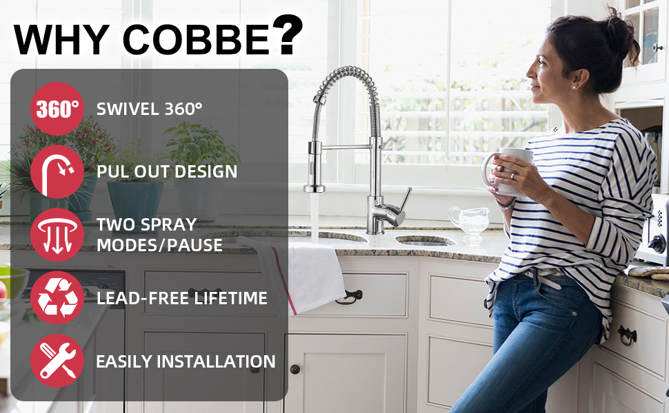 Змішувач для кухні Cobbe з висувним виливом, однорідний важіль, 2 режими розпилення, високий вилив (хром)