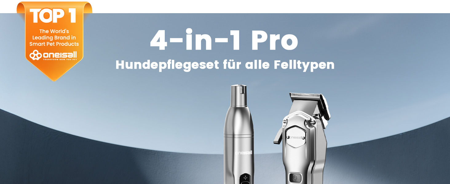 Машинка для стрижки собак Oneisall 4-в-1: стрижка, триммінг, шліфування кігтів. Для собак та котів, тиха, професійна, 4 години роботи від акумулятора