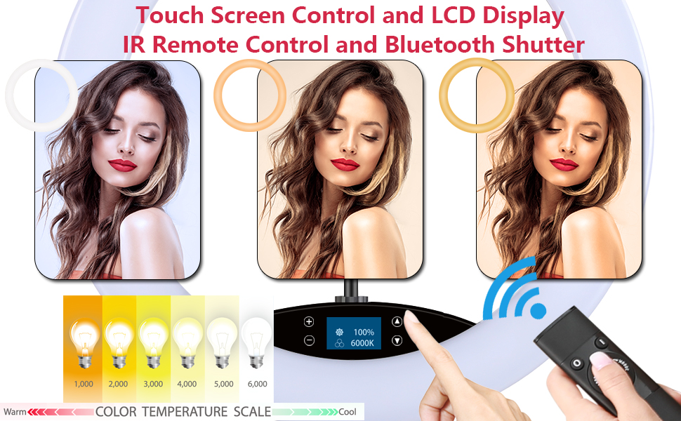 LED кільцеве світло з штативом, 48.3 см, дисплей, сенсорне керування, регульоване світло для макіяжу, студії, портретів, влогів, відеозйомки, з сумкою та пультом дистанційного керування, CRI > 97