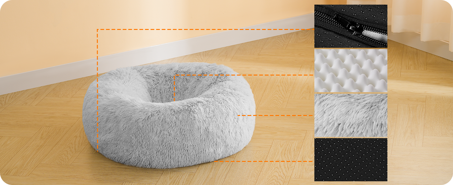 Ортопедичне ліжко для собак круглої форми, м'яке ліжко-лежанка для собак та котів, ліжко-софа Donut, зручний кошик для собак, можна прати, діаметр 70 см, сірий колір, розмір 70 x 70 x 20 см