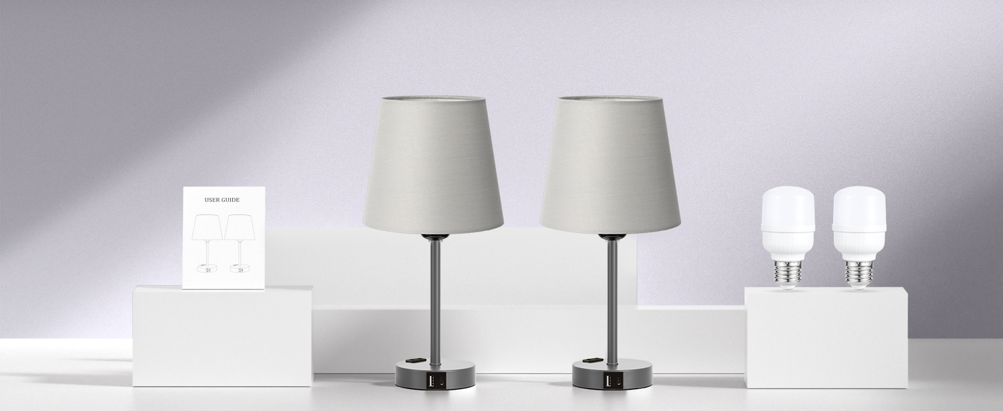 Настільна лампа Kakanuo з торшером, 2 шт. з USB-портами та диммуванням, для спальні, вітальні, дитячої кімнати, офісу (сірий)