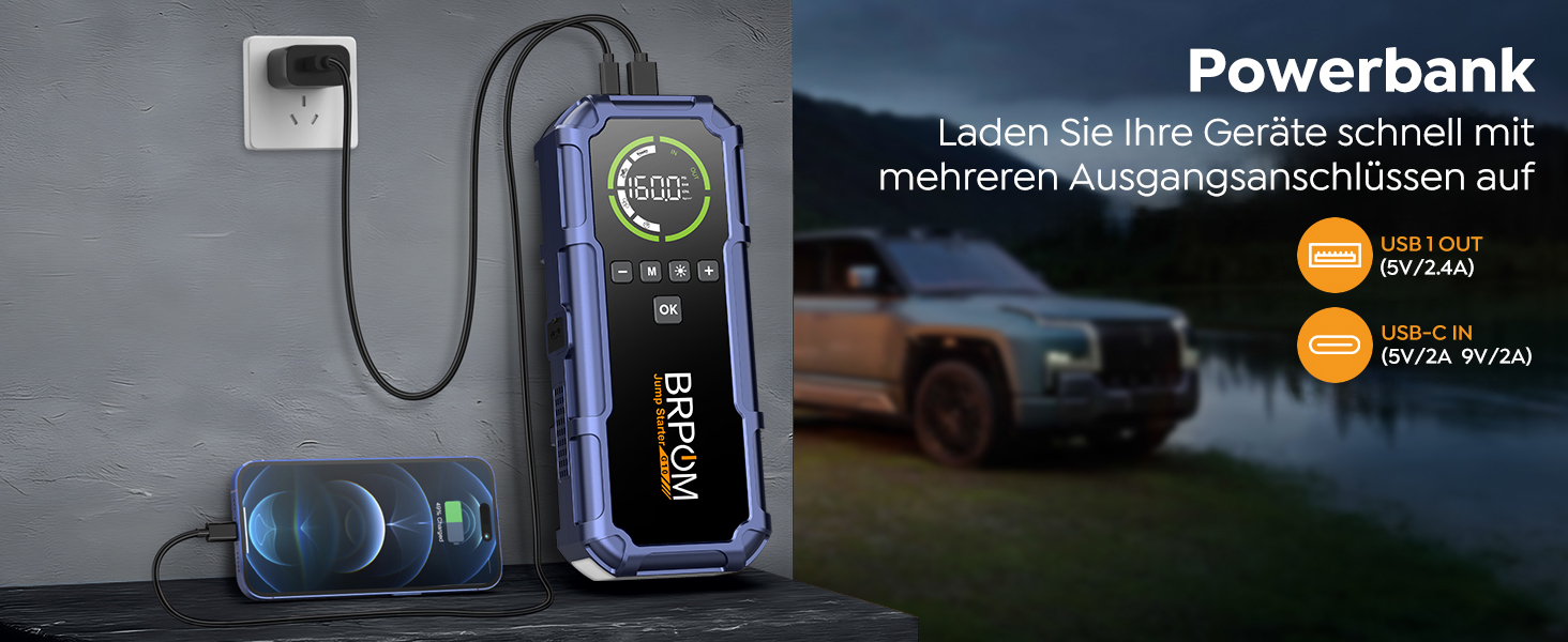 Пусковий пристрій BRPOM 9000A з компресором 160 PSI, бустер для бензинових та дизельних двигунів до 12.0L, павербанк з LED-ліхтарем 600 лм, фіолетовий