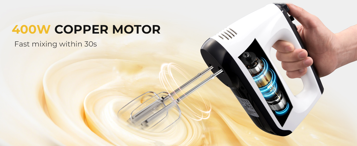 Електричний ручний міксер 400 Вт з 6 швидкостями та Turbo Boost, з набором аксесуарів, нержавіюча сталь, білий