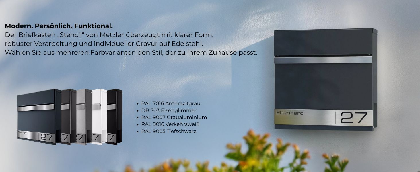 Поштова скринька Metzler Premium з газетницею Anthrazit (Антрацит) - персоналізована з табличкою для імені - високоякісна настінна поштова скринька з нержавіючої сталі V2A з порошковим покриттям RAL 7016, модель Stencil
