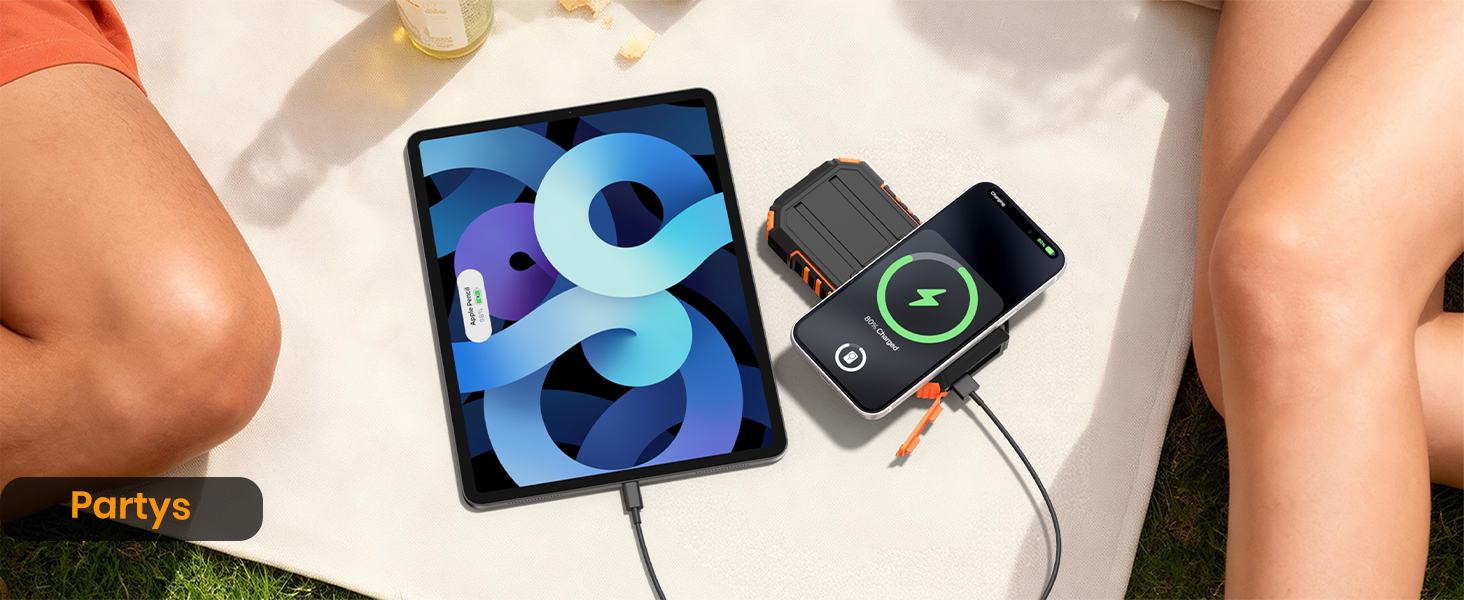 Power Bank Fandealo 27000mAh з сонячною панеллю – 22,5W, PD, QC 3.0, USB-C, 2 кабелі, 2 ліхтарики, для смартфонів, планшетів, кемпінгу