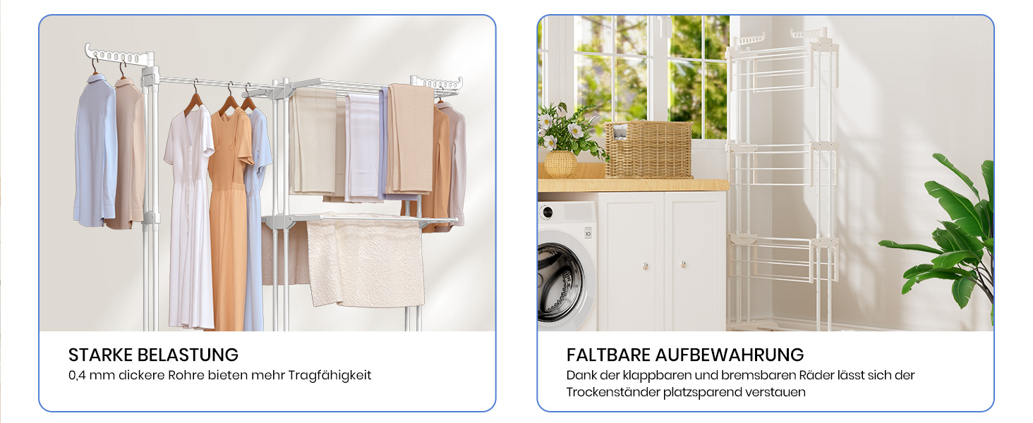 Сушарка для білизни Oak & Tea Turm, 83-200 см, з висувними крилами, XXL, 4 яруси, з колесами, для дому та вулиці, біла