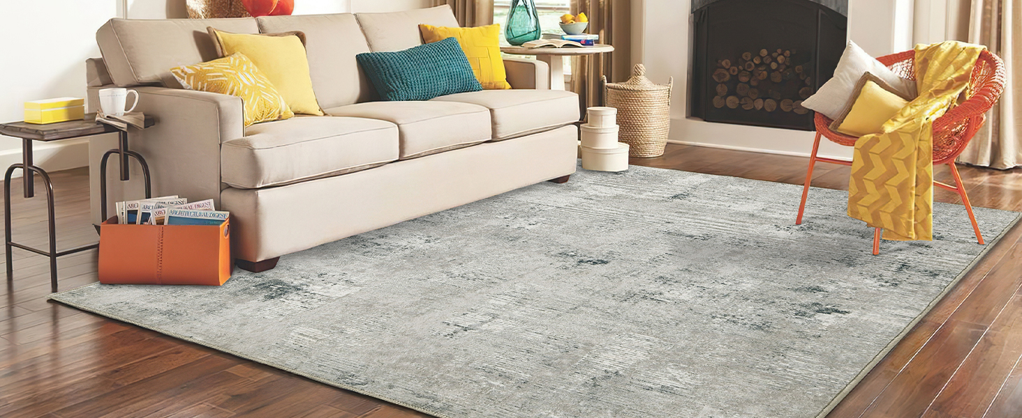 Килим для вітальні блакитний вінтажний меланжевий з ефектом вицвітання, короткий ворс, килими, прання, нековзкі килими для спальні (200x300 см, зелено-сірий)