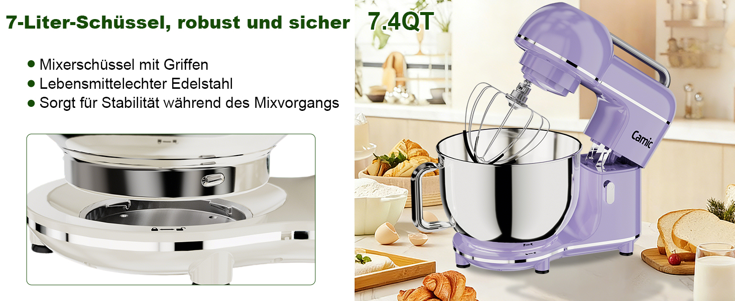 Кухонна машина Camic 2000W: планетарний міксер з чашею з нержавіючої сталі 7л, 10 швидкостями, набором насадок та захистом від бризок, світло-фіолетова