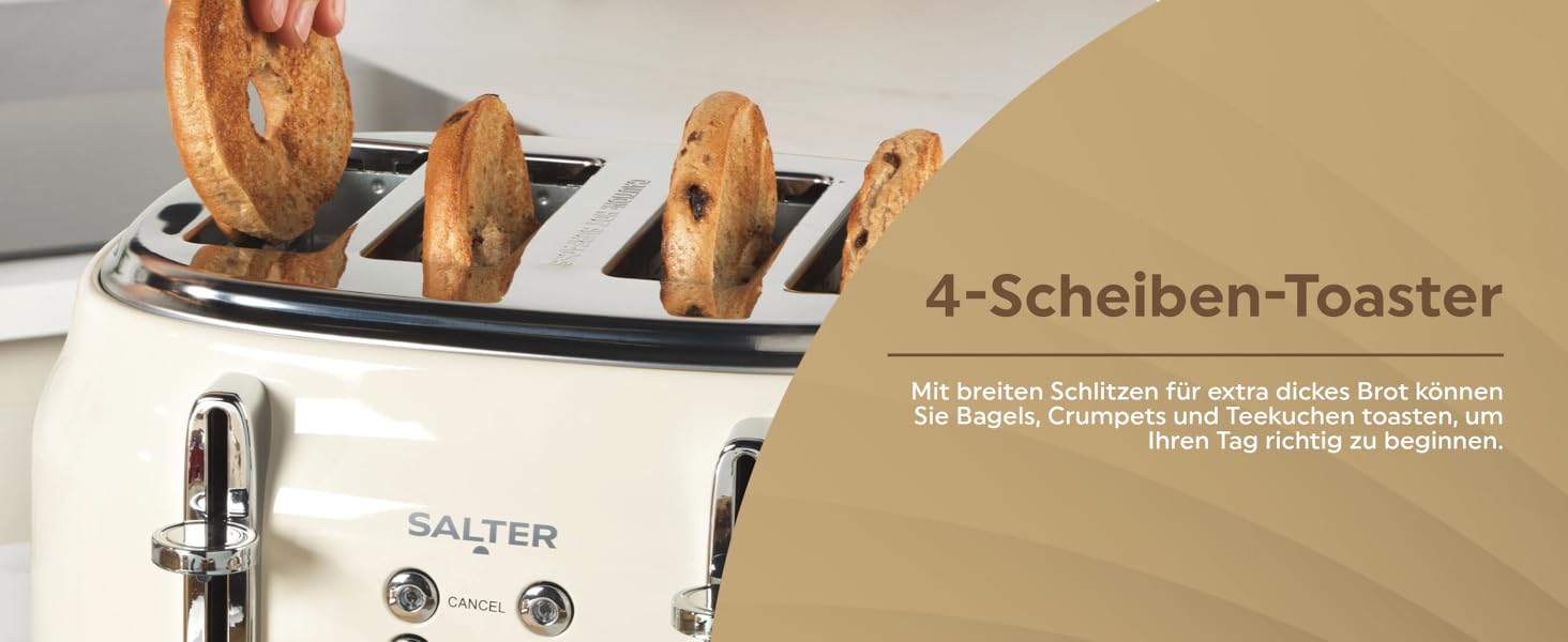 Тостер Salter Retro 4-х секційний, 1,7 л, 3 кВт, кремовий колір, з фільтром від накипу, бездротовий, з індикатором рівня води та процесу приготування, захист від пересихання та автовимкнення